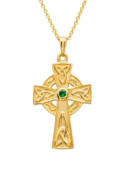 White background cutout shot of Celtic Cross Pendant with Green Cubic Zirconia